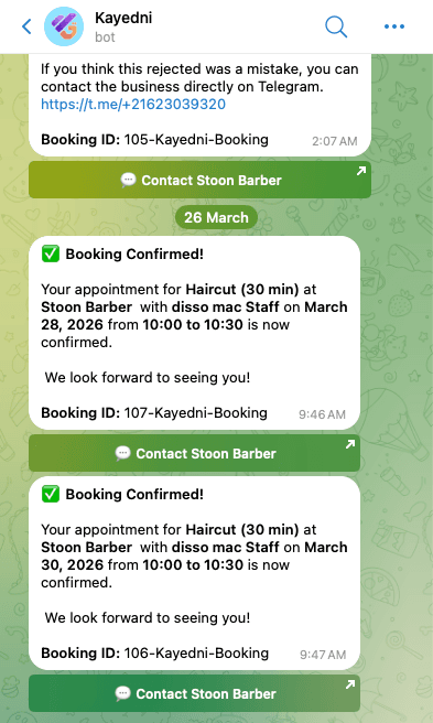 Mises à jour de réservation Telegram pour les clients
